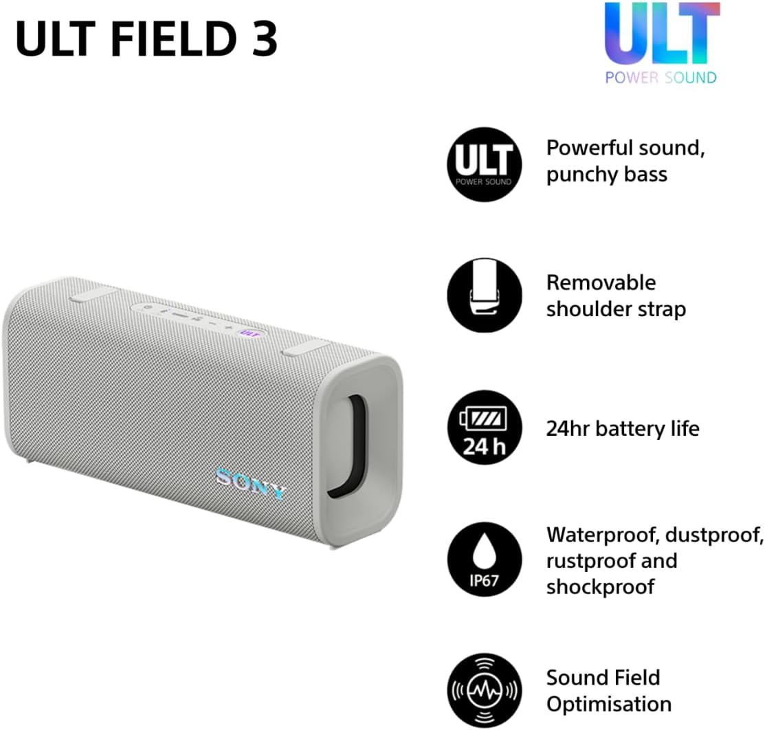 Sony SRS-ULT30 ULT Field 3 Portable Waterproof Bluetooth Speaker with Extra Bass, 24-Hour Battery, Party Connect & Rugged Design – Grey