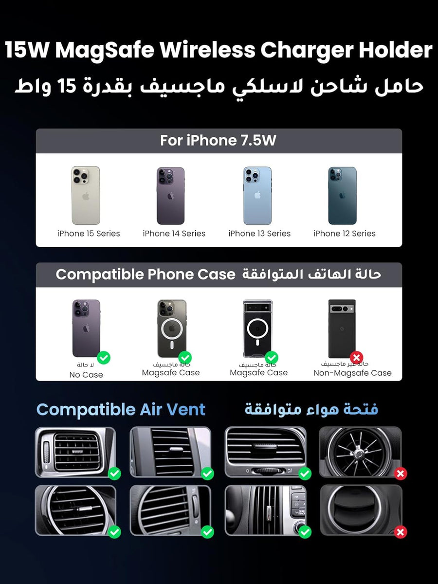 UGREEN MagSafe Car Charger【Upgraded Air Vent Lock】Wireless Magnetic【Qi 15W Fast Charging】MagSafe Car Mount Charger
