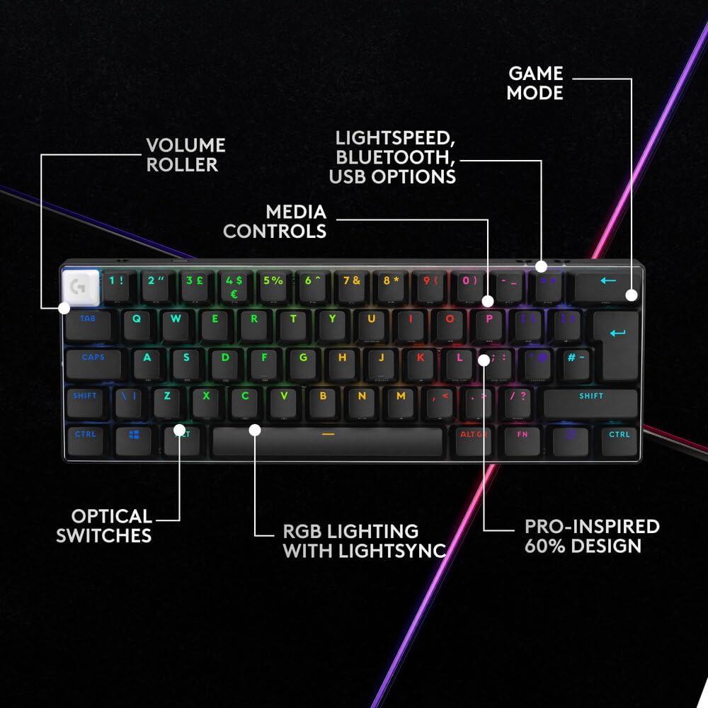 Logitech G PRO X 60 LIGHTSPEED Wireless Gaming Keyboard, Ultra Compact TKL 60% Mechanical Keyboard for Windows PC, LIGHTSYNC RGB, Dual-Shot PBT Keycaps, GX Optical Tactile Switches - Black