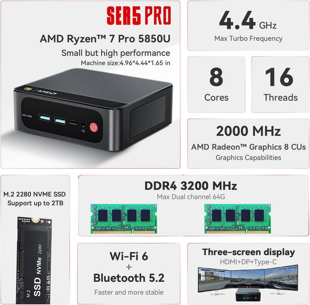 Beelink SER5 Pro Mini PC, AMD Ryzen 7 5850U (8C/16T,Up to 4.3GHz) 32GB DDR4 500GB M.2 PCIe3.0 SSD Mini Desktop Computer Support 4K Triple Display/DP/HDMI/Type-C/WiFi 6/BT5.2