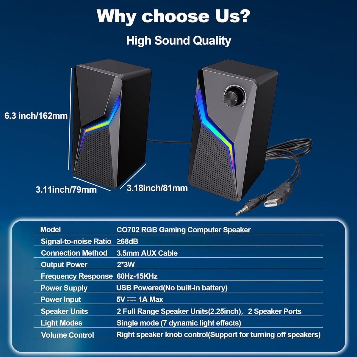 TERRIFI Computer Speakers, PC Gaming Speakerswith Enhanced Bass and Volume Control, Stereo 2.0 USB Powered 3.5mm AuxMultimedia Speakers for Laptop Desktop Tablets Phone