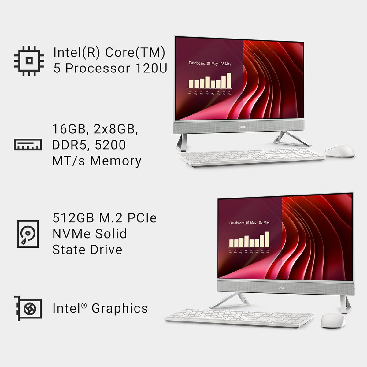 Dell 24 All-in-One Desktop ec24250-23.8-inch FHD Touch Display, Intel Core 5 Processor 120U, Intel Graphics, 16GB DDR5 RAM, 512GB SSD, Windows 11 Home, Onsite Service+6 Months Retail Migrate - White