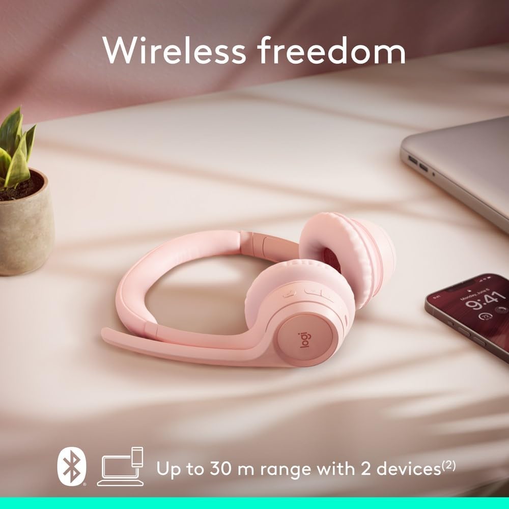 Logitech Zone 300 Wireless Bluetooth Headset With Noise-Cancelling Microphone, Compatible with Windows, Mac, Chrome, Linux, iOS, iPadOS, Android – Rose