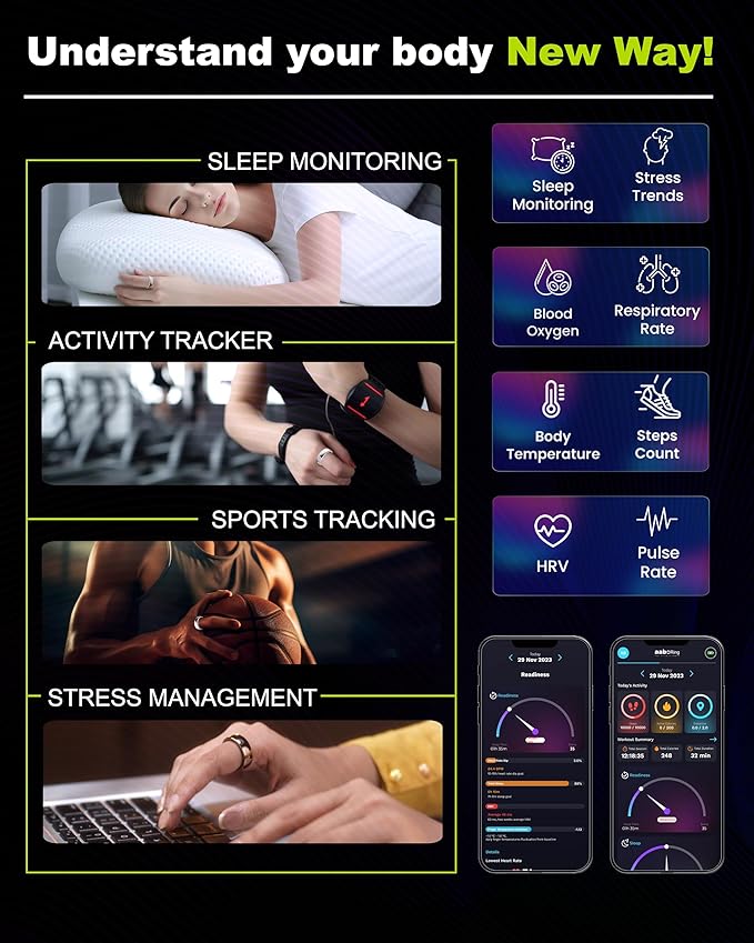Aabo AI Smart Ring for Men & Women | Fitness Tracking - 32 Modes | Sleep & Stress Monitoring | Titanium Ring | No App Subscription | IP68 Water Resistant | Upto 7-Day Battery Life |Gold, Size 10