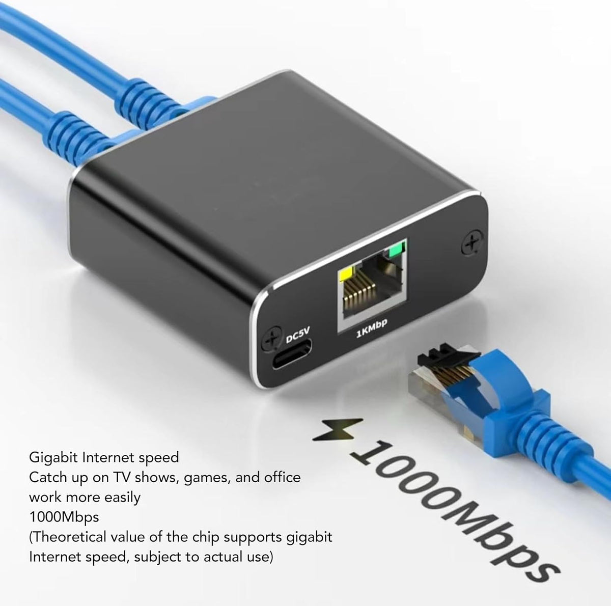 Bewinner Ethernet Splitter - Gigabit RJ45 1 to 2, 1000Mbps Extension Connector With USB Power Cable for Cat5/5e/6/7 Cable