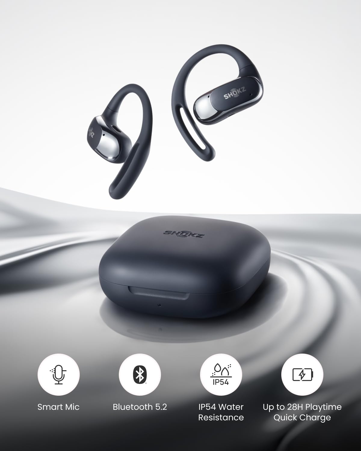 SHOKZ OpenFit Air Open-Ear Headphones, True Wireless Bluetooth Earphones with Microphone, Earbuds with Air Earhook, Fast Charging, 28h Playtime, IP54 Water-Resistant for Workout - Black