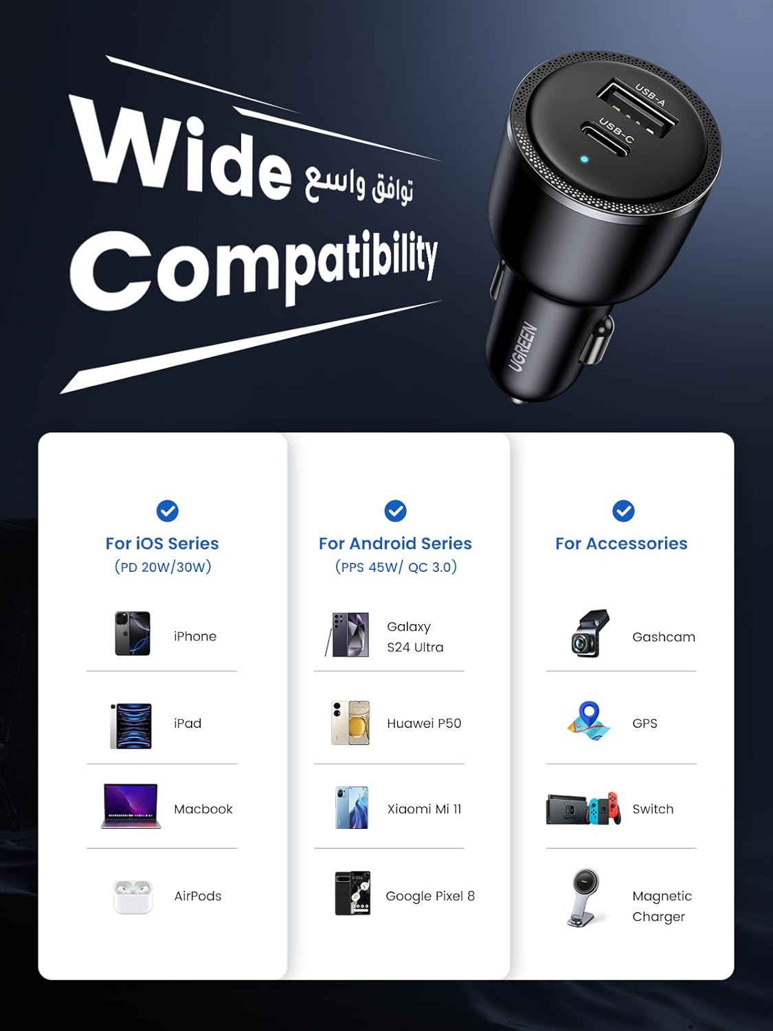 UGREEN Car Charger 63W for Samsung S25 Ultra, Car Battery Charger Type C Fast Charging, Samsung Super Fast 45W PPS Dual USB Phone Adapter, for Galaxy S25/S24/S23 Ultra, iPhone 16/15 Series, Macbook