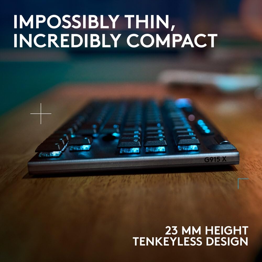 Logitech G915 X LIGHTSPEED TKL Low-Profile Wireless Gaming Keyboard, Double-Shot PBT Keycaps, Fully Programmable Keys, RGB Backlighting, Sleek Aluminum Finishing, GL Blue Clicky, PC/MAC - Black