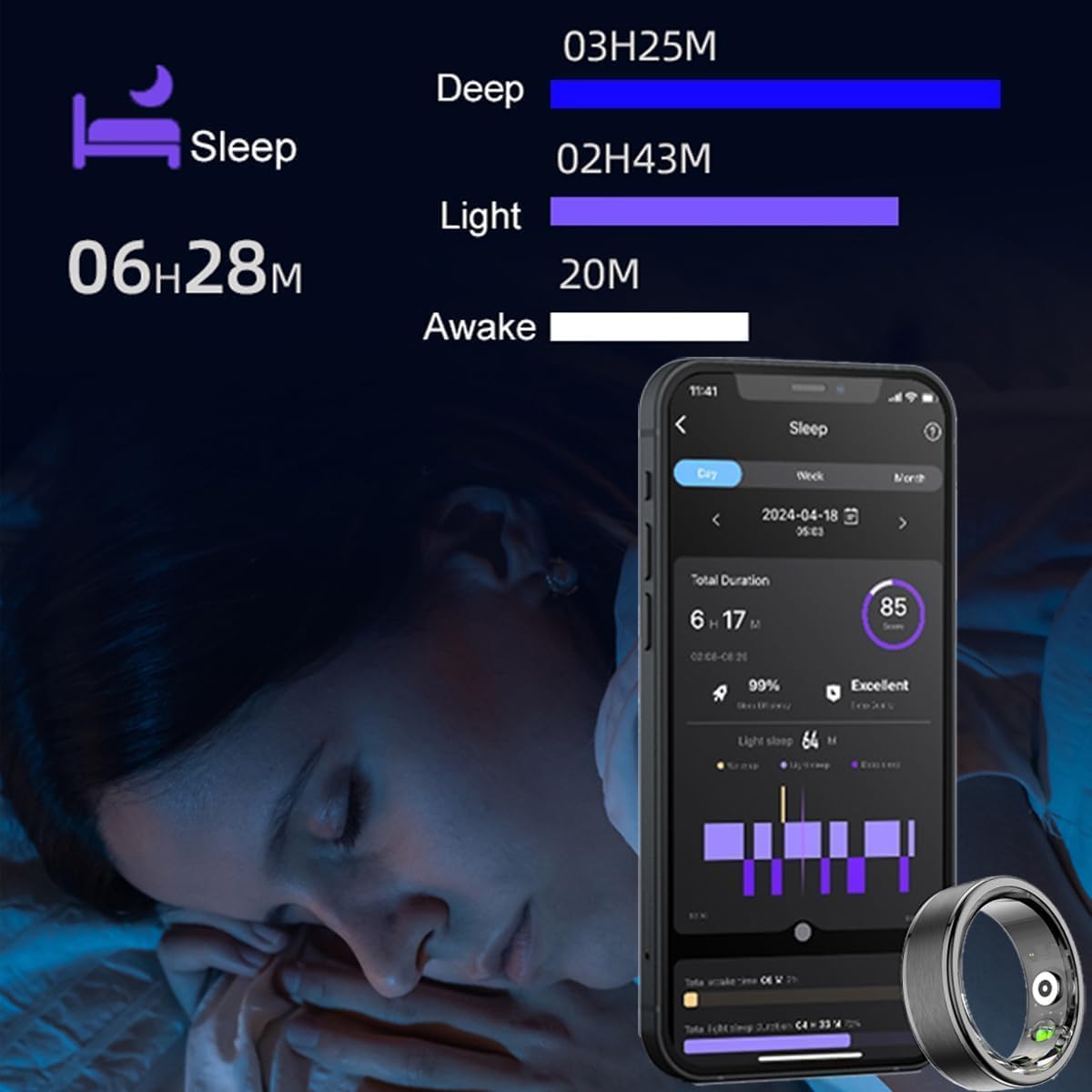 Smart Ring for Women and Men - Fitness Tracker With Heart Rate Monitor, Sleep Tracker, Pedometer, Calories and Step Counter - 5ATM Waterproof Health Ring for iOS Android