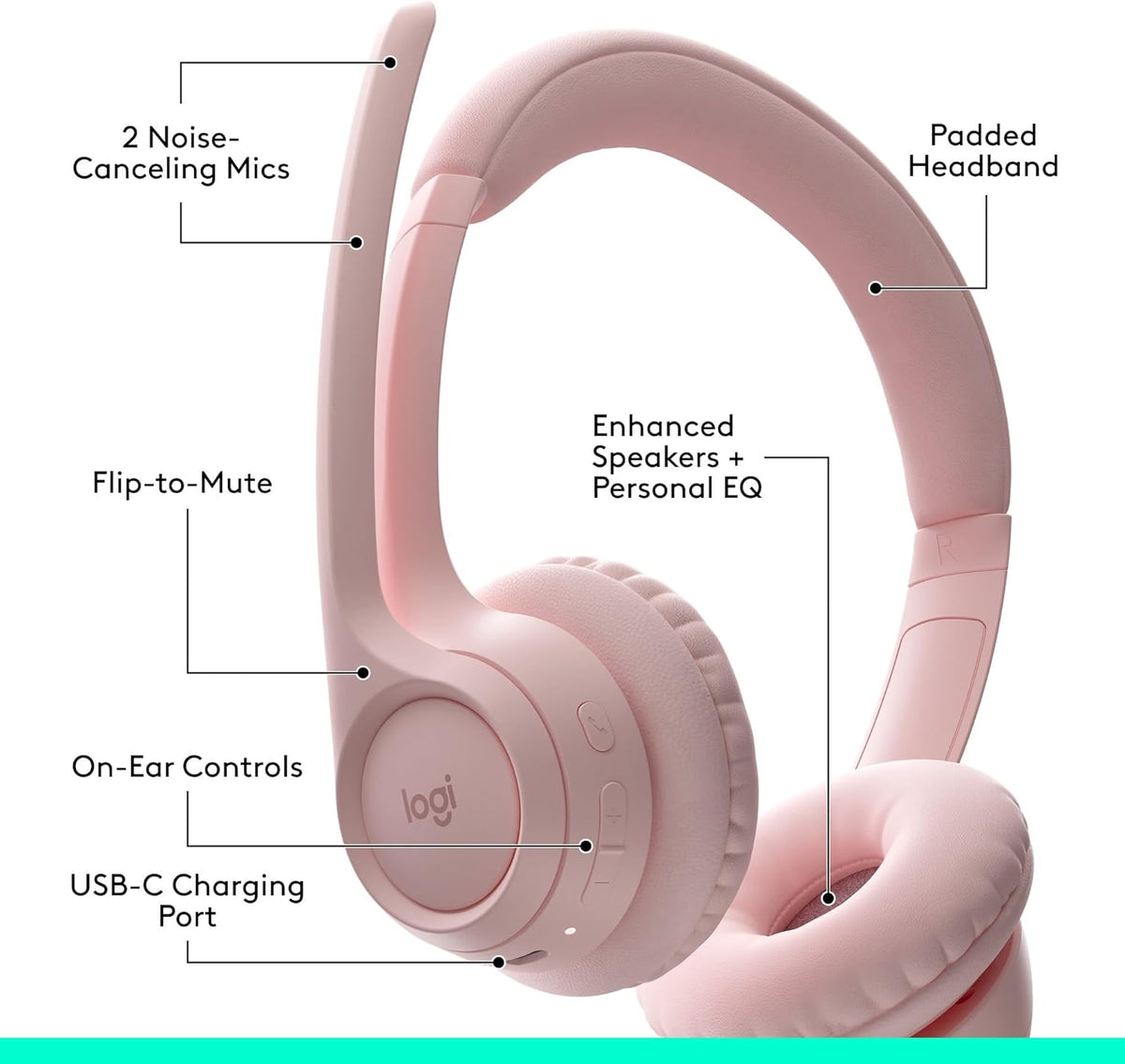 Logitech Zone 300 Wireless Bluetooth Headset With Noise-Cancelling Microphone, Compatible with Windows, Mac, Chrome, Linux, iOS, iPadOS, Android – Rose