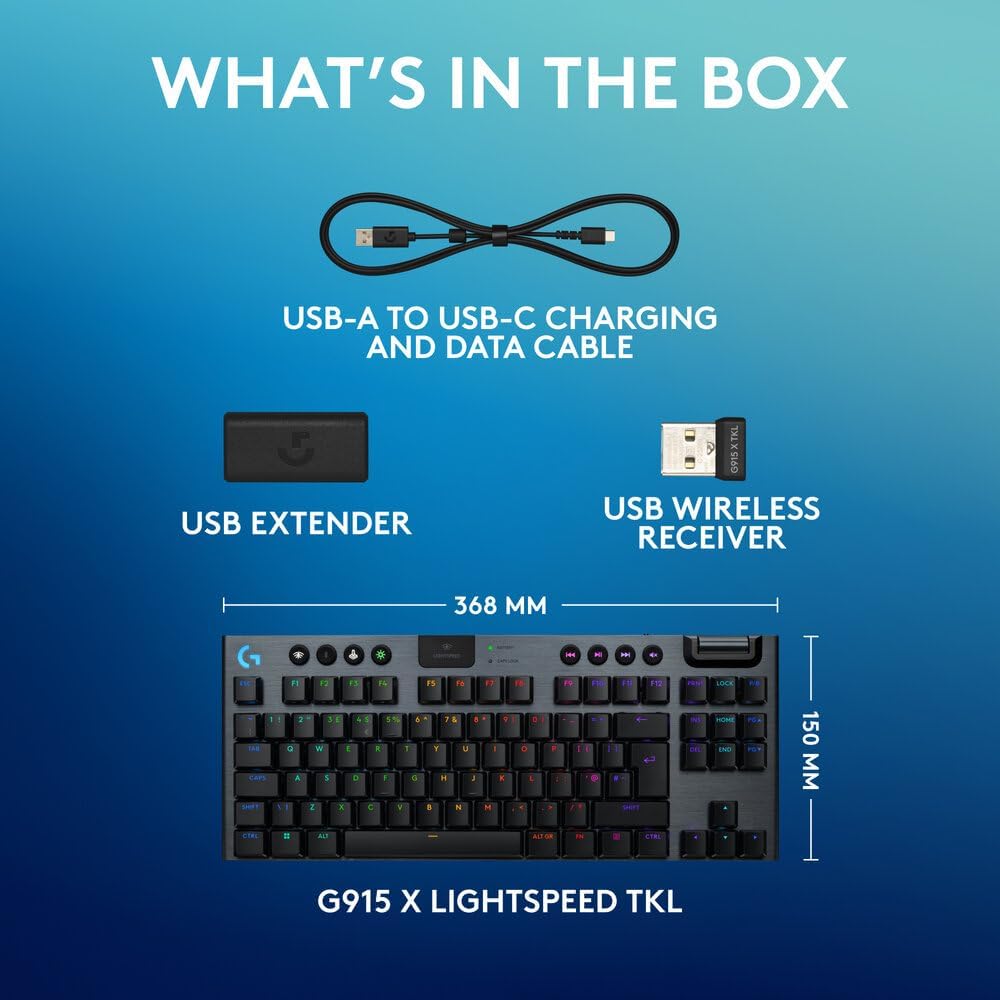 Logitech G915 X LIGHTSPEED TKL Low-Profile Wireless Gaming Keyboard, Double-Shot PBT Keycaps, Fully Programmable Keys, RGB Backlighting, Sleek Aluminum Finishing, GL Blue Clicky, PC/MAC - Black