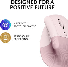 Logitech Lift Vertical Ergonomic Mouse, Wireless, Bluetooth or Logi Bolt USB receiver, Quiet clicks, 4 buttons, compatible with Windows/macOS/iPadOS, Laptop, PC - Rose