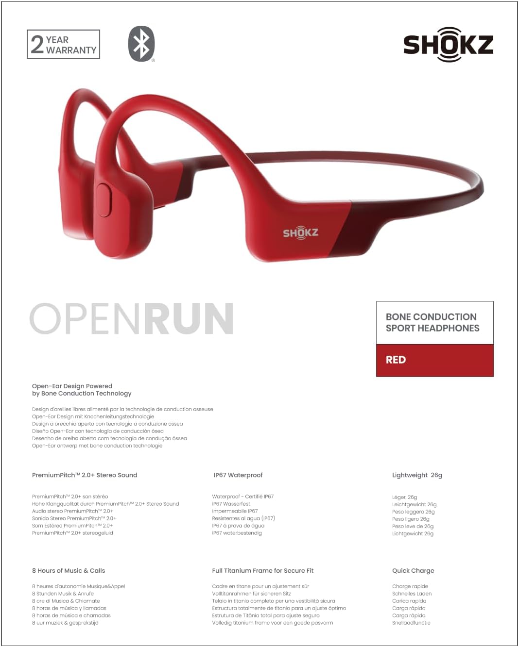 SHOKZ OpenRun Wireless Bone Conduction Headphones, Open-Ear Bluetooth Earphones with Mic, Waterproof Sports Headset with 8H Playtime for Running Workout (Solar Red)