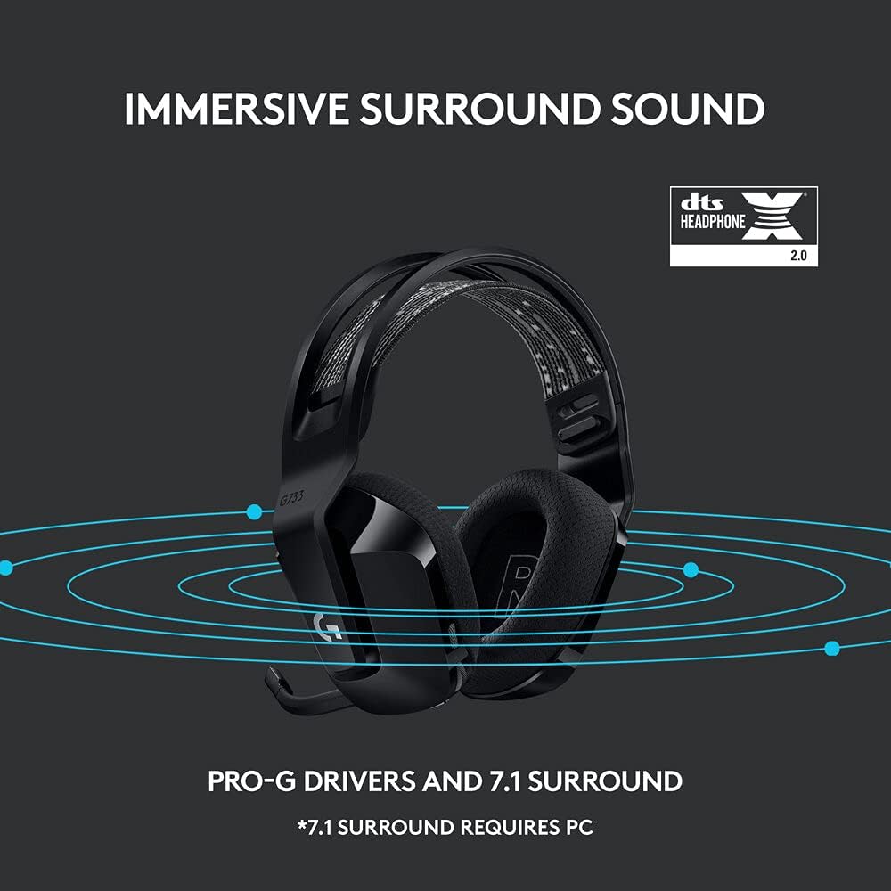 Logitech G Logitech G733 LIGHTSPEED Wireless Gaming Headset with suspension headband, LIGHTSYNC RGB, Blue VO!CE mic technology and PRO-G audio drivers - Black
