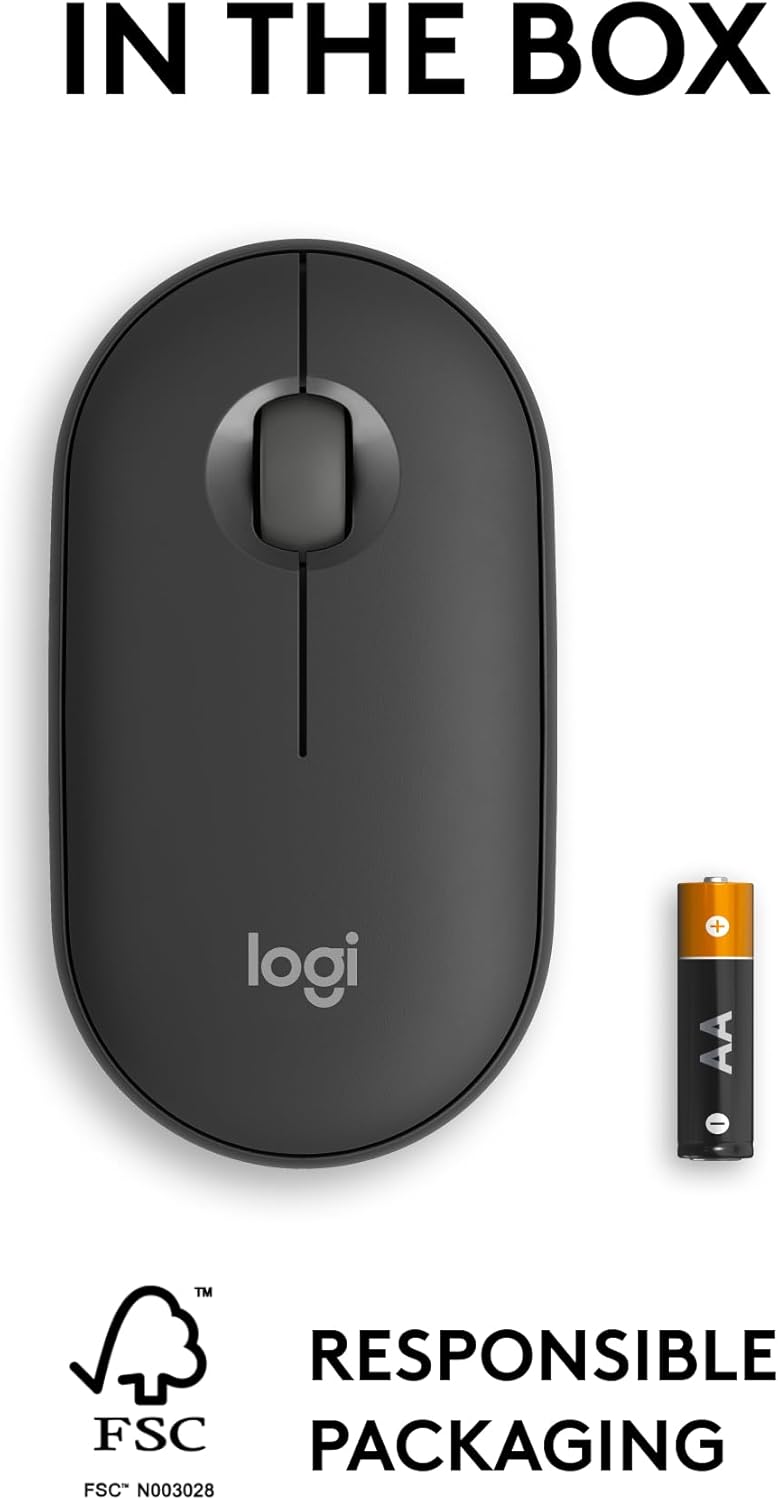Logitech Pebble Mouse 2 M350s Slim Bluetooth Wireless Mouse, Portable, Customisable Button, Quiet Clicks, 4K DPI, 24-month battery, Easy-Switch for Windows, macOS, iPadOS, Android, Chrome OS -Graphite