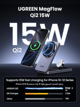 UGREEN MagFlow Qi2 15W Wireless Charger, 3 in 1 Fast Charging Qi2 Certified Charger Stand, Foldable Magsafe Compatible with iPhone 16/15/14/13/12, AirPods 4/3/2, Apple watch with 1M Cable
