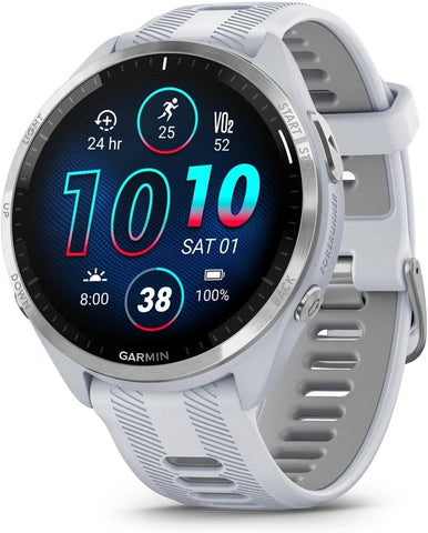 GARMIN FORERUNNER 965, TITANIUM BEZEL WITH WHITESTONE CASE AND WHITESTONE/POWDER GRAY SILICONE BAND