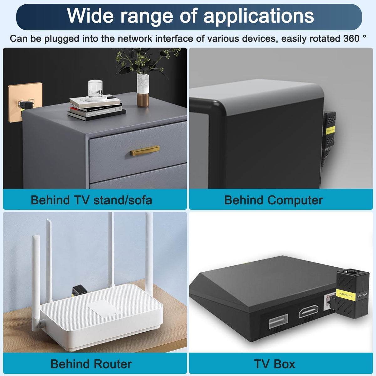 360 Degree Ethernet Adapter, Gigabit 90 Degree Angle Network LAN Cat5 Cat6 Extension Adapter, 1000Mbps RJ45 8P8C Male to Female Connector for Computers, Laptops, Routers (2 Pcs)