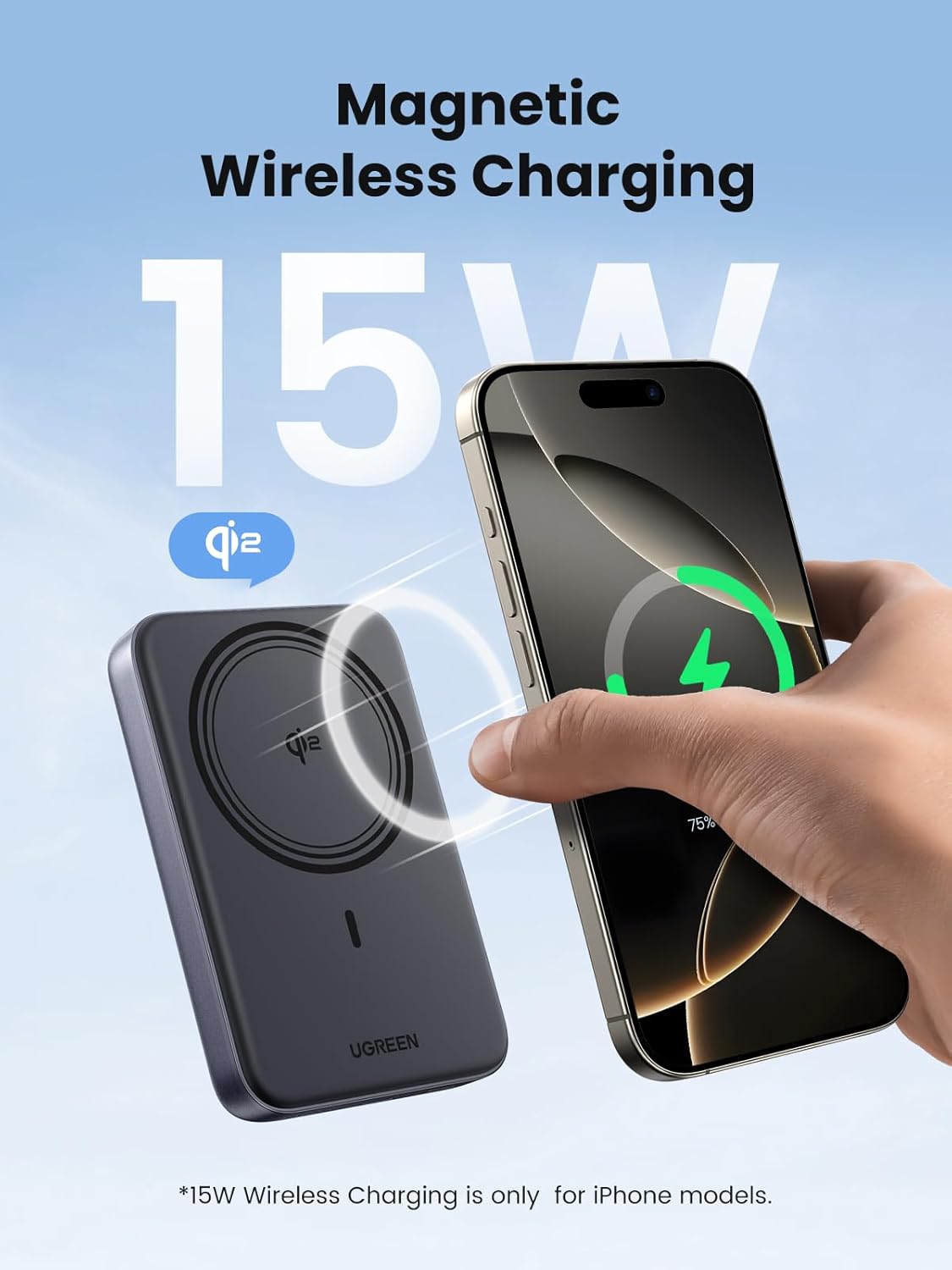 UGREEN Qi2 Wireless Power Bank 10000mAh Qi2 Certified 15W Fast Charging Magnetic Portable Charger PD30W MagSafe-Compatible Battery Pack Phone Charger Compatible with iPhone 16/15/14/13/12 Series