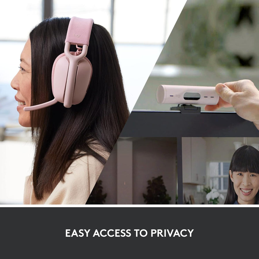 Logitech Brio 500 Full HD webcam and Zone Vibe 100 wireless headphones with noise-canceling mic