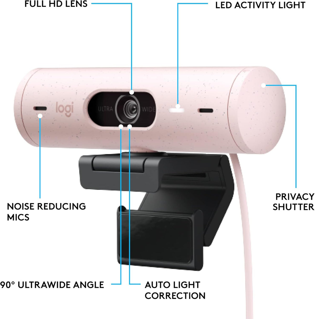 Logitech Brio 500 Full HD webcam and Zone Vibe 100 wireless headphones with noise-canceling mic, works with Microsoft Teams, Google Meet, Zoom, Mac/PC - Rose