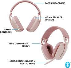 Logitech Brio 500 Full HD webcam and Zone Vibe 100 wireless headphones with noise-canceling mic, works with Microsoft Teams, Google Meet, Zoom, Mac/PC - Rose