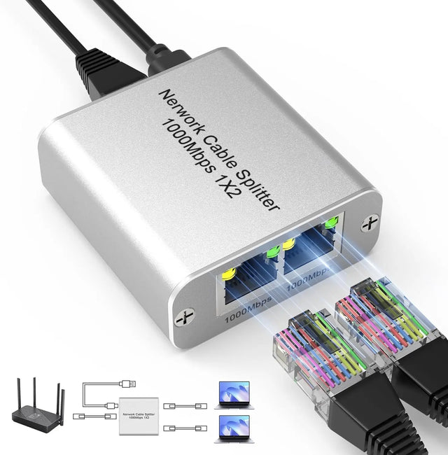 Ethernet Cable Splitter 1 to 2 with High-Speed 1000Mbps - Ethernet Splitter with USB Power Cable, Extra Ethernet Ports for Router, Cat 5/6 RJ-45 LAN Y-Splitterr[2 Devices Simultaneously Networking] NALACAL