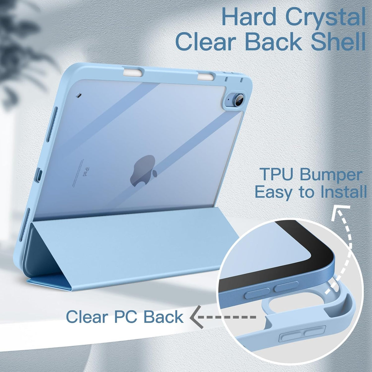 JETech Case for iPad (A16) 11th/10th Generation (2025/2022) with Pencil Holder, Clear Transparent Back Shell Slim Stand Shockproof Tablet Cover, Auto Wake/Sleep (Blue)