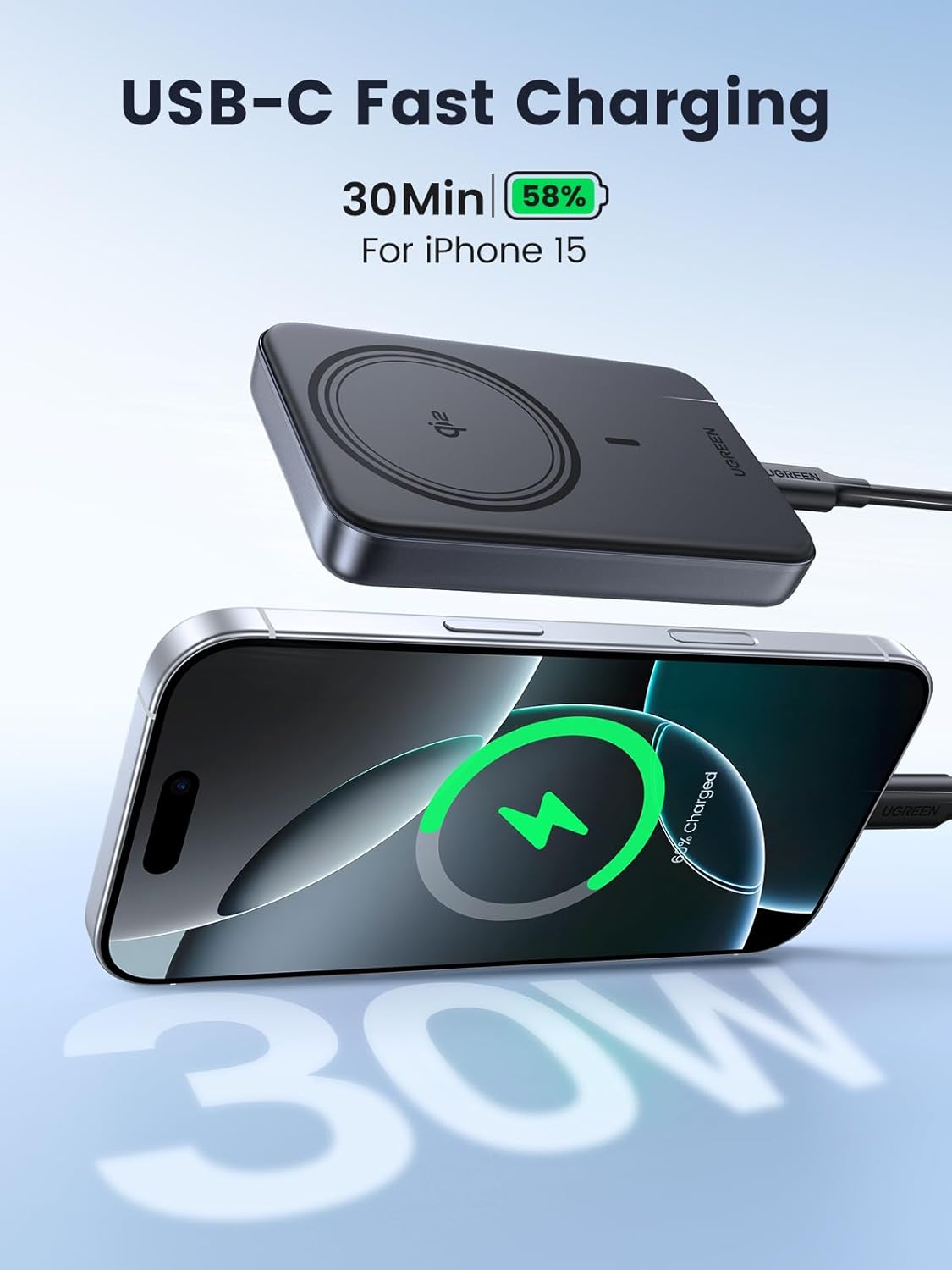 UGREEN Qi2 Wireless Power Bank 10000mAh Qi2 Certified 15W Fast Charging Magnetic Portable Charger PD30W MagSafe-Compatible Battery Pack Phone Charger Compatible with iPhone 16/15/14/13/12 Series