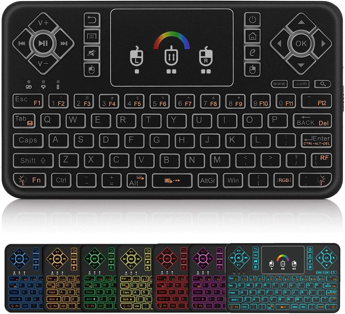 KASTWAVE Mini Wireless Keyboard, Q9 Portable Rechargeable Keyboard with Touchpad Colorful Backlit, Handheld Remote Keyboard for PC,Raspberry Pi 4, Android TV Box,KODI,Windows 7 8 10