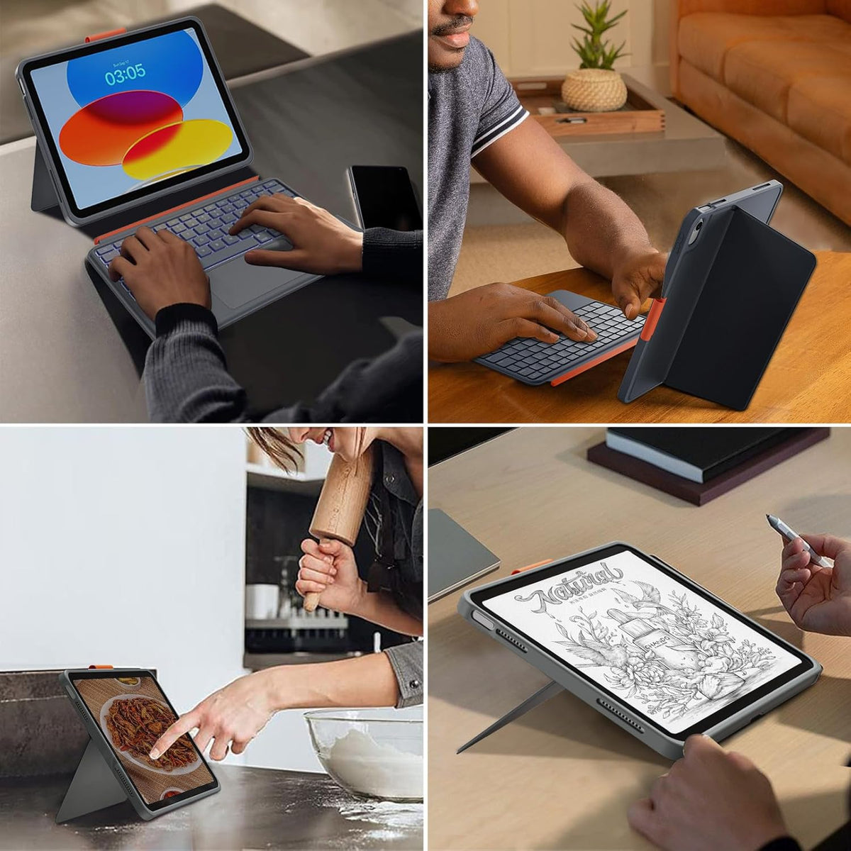 Case with Keyboard Compatible for iPad 10th Generation: Bluetooth Wireless Detachable Magnetic Stand Rechargeable Keyboard with Folio Slim Compact Removable Cover with Trackpad, White Backlit/Grey