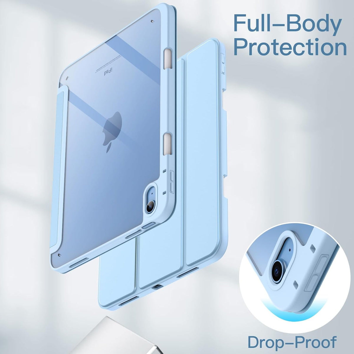 JETech Case for iPad (A16) 11th/10th Generation (2025/2022) with Pencil Holder, Clear Transparent Back Shell Slim Stand Shockproof Tablet Cover, Auto Wake/Sleep (Blue)