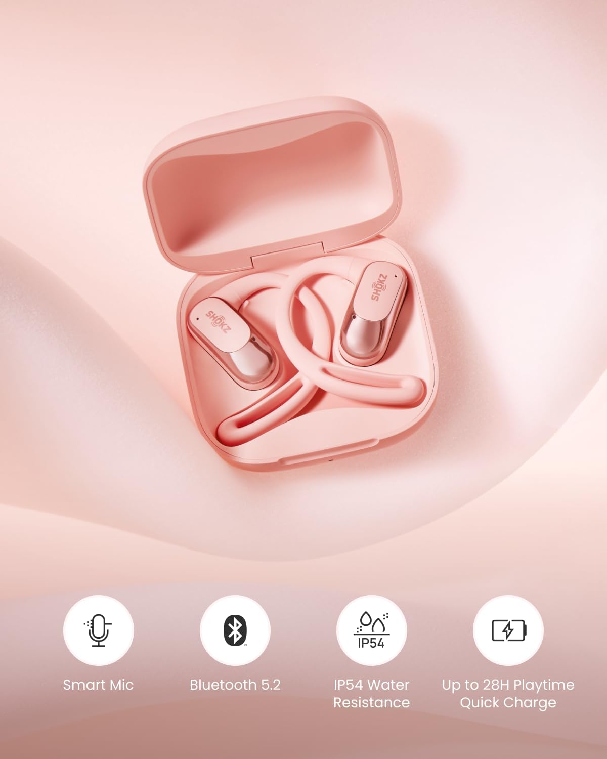 SHOKZ OpenFit Air Open-Ear Headphones, True Wireless Bluetooth Earphones with Microphone, Earbuds with Air Earhook, Fast Charging, 28h Playtime, IP54 Waterproof for Workout - Pink