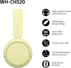 Sony WH-CH520 - Wireless Bluetooth Headphones, Multipoint, Built-in Mic - Up to 50 Hours of Battery Life and Fast Charge - Yellow
