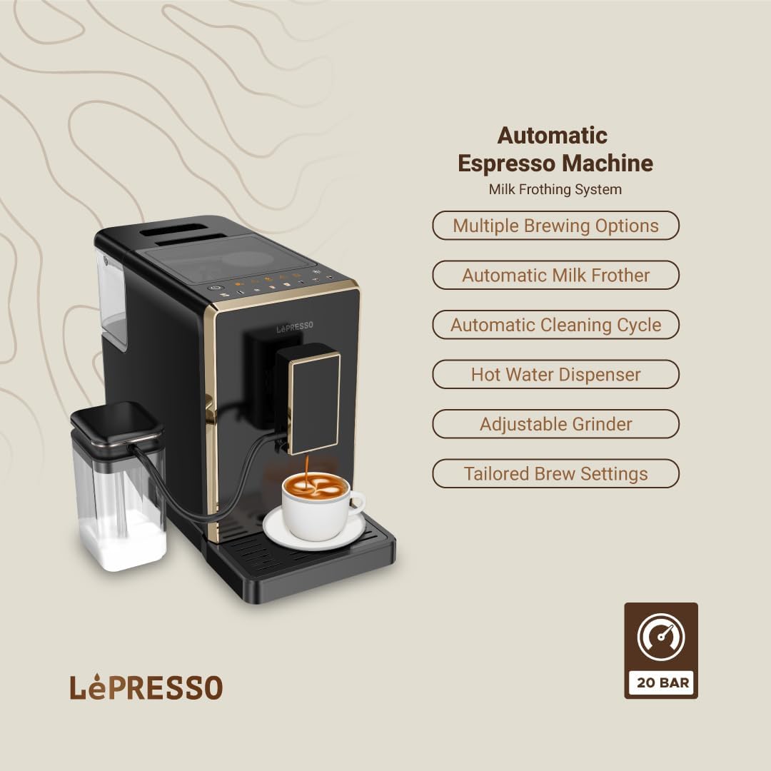 LePresso 20 Bar Full Automatic Coffee Machine, 1.5L Hot Water Dispenser, Adjustable Grinder, Tailored Brew Settings, Multiple Brewing Options, Automatic Milk, Frother Automatic Cleaning Coffee Maker