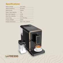 LePresso 20 Bar Full Automatic Coffee Machine, 1.5L Hot Water Dispenser, Adjustable Grinder, Tailored Brew Settings, Multiple Brewing Options, Automatic Milk, Frother Automatic Cleaning Coffee Maker