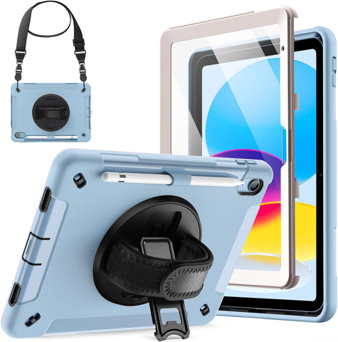 JETech Case for iPad (A16) 11th/10th Generation (2025/2022) with Built-in Screen Protector, Protective Shockproof Rugged Tablet Cover, 360 Degree Rotating Hand Strap Stand (Blue)