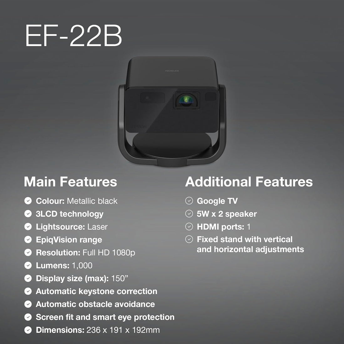 Epson EF-22 Mini Smart Laser Projector with Swivel stand