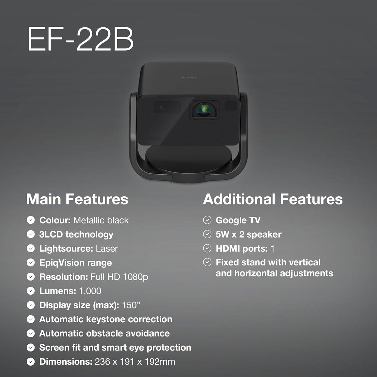 Epson EF-22 Mini Smart Laser Projector with Swivel stand, Full HD, 1000 Lumens, 150 Inch Display with HDR, Google TV, Dolby Atmos Sound, Gaming & Home Cinema – Onyx Black