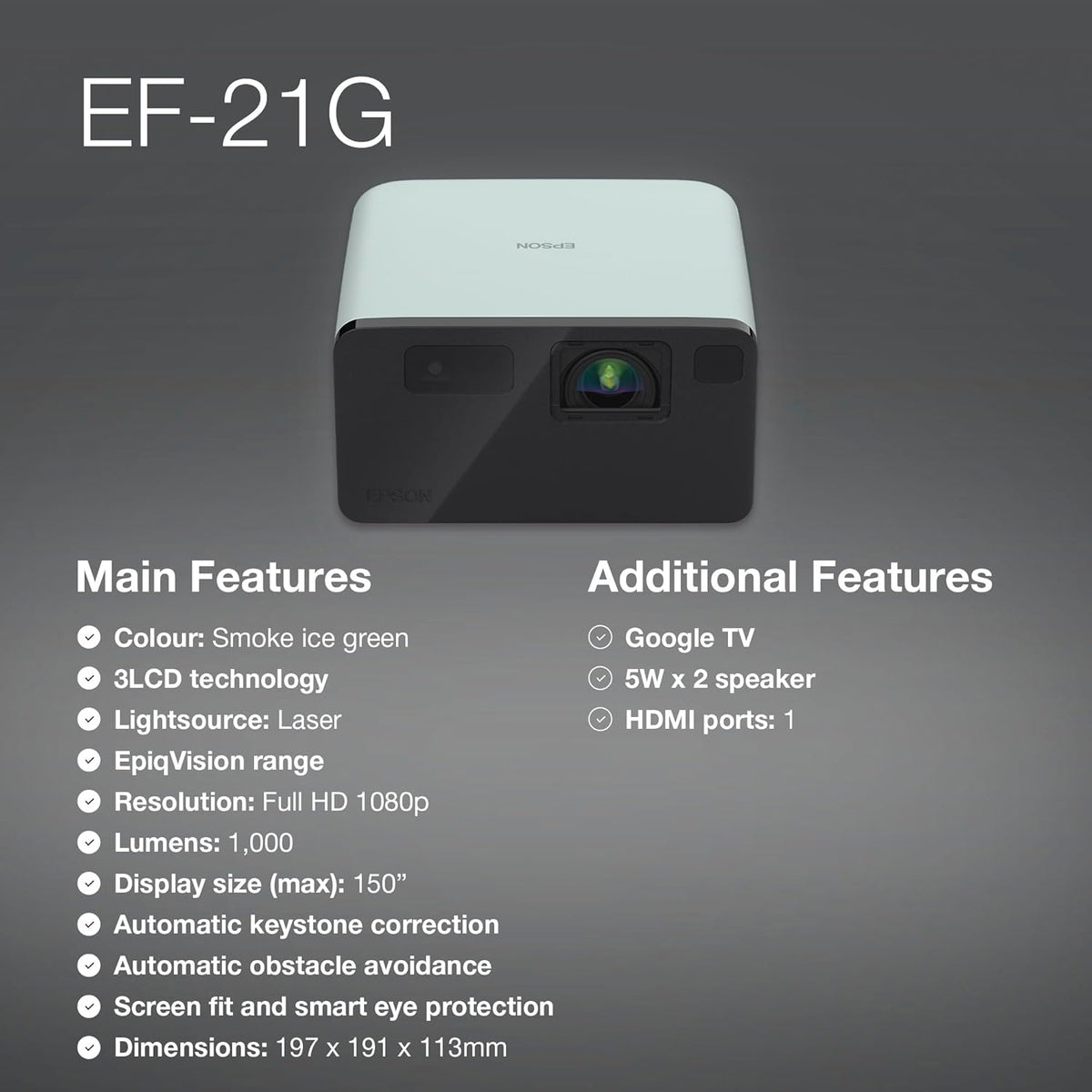 Epson EF-21 Mini Smart Laser Projector, Full HD, 1000 Lumens, 150 Inch Display with HDR, Google TV, Dolby Atmos Sound, Gaming & Home Cinema – Green