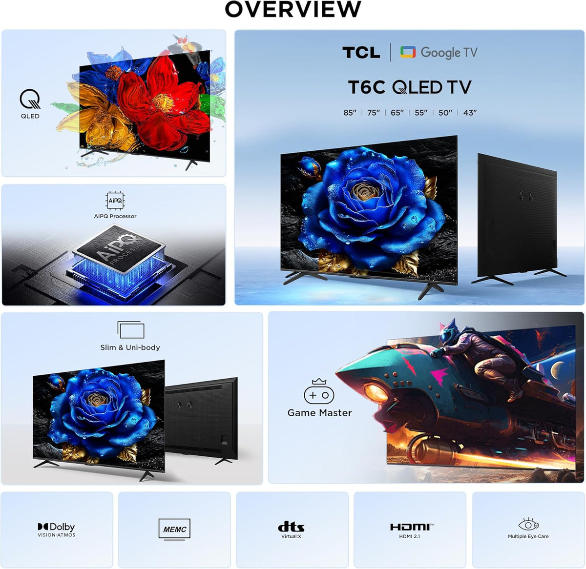 TCL Television 85 Inch Smart TV 4K QLED Colorful Quantum Crystal HDR 10+ Gaming Google TV, ONKYO 2.1 Hi-Fi, Dolby Atmos, DTS Virtual X, MEMC, Voice Control, Game Master, Slim Design-85T6C (2025 Model)