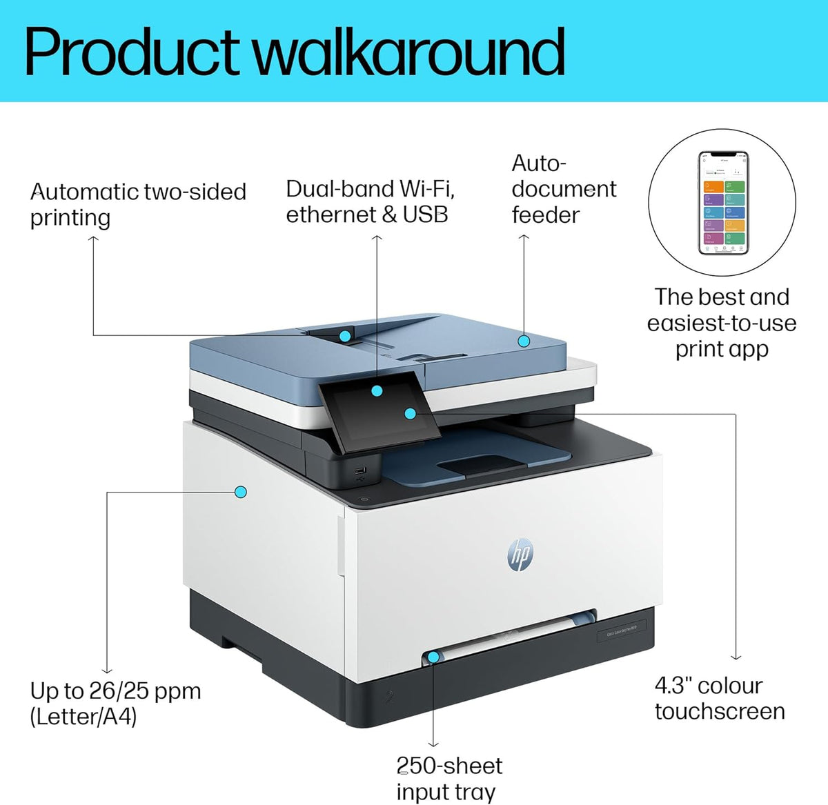 HP Color LaserJet Pro MFP 3303sdw - Print, Copy, Scan; Wireless, Two-sided printing, 250-sheet input tray; Print speed up to 25 ppm (black) and 25 ppm (color) - Blue [499M6A]