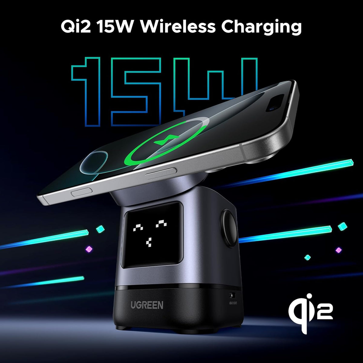 UGREEN 15W Uno Wireless Charger, Qi2 Certified MagSafe Charging, Fast Magnetic Phone Stand, 2-in-1 Foldable Wireless Charger Station Compatible with iPhone 16/15/14/13/12 Series, AirPods 4/3/2/Pro 2