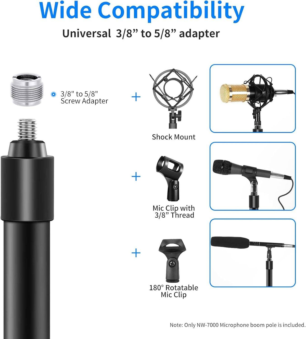 NEEWER NW-7000 Microphone Boom Arm, 3 Section Extendable Handheld Mic Arm with 3/8" & 3/8" to 5/8" Screw Adapter, 3ft to 8ft Adjustable Length,Auxiliary | NW-7000