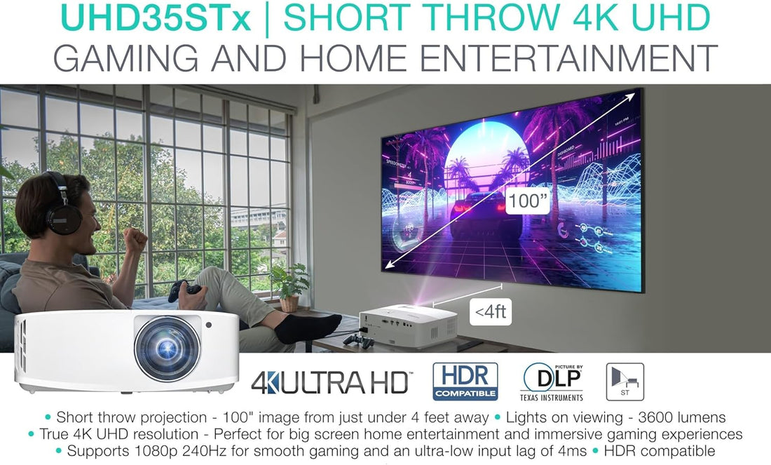 Optoma UHD35STx Short Throw True 4K UHD Gaming and Home Entertainment Projector 3,600 Lumens 240Hz Refresh Rate and Ultra-Low 4ms Response Time