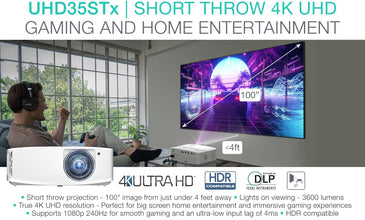 Optoma UHD35STx Short Throw True 4K UHD Gaming and Home Entertainment Projector 3,600 Lumens 240Hz Refresh Rate and Ultra-Low 4ms Response Time