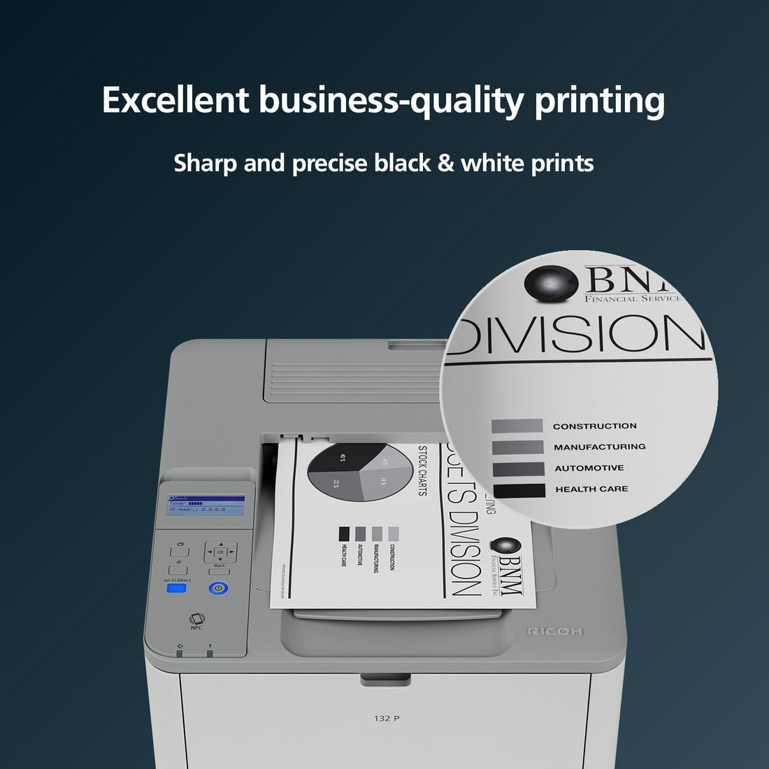 RICOH 132 P Compact Black & White Duplex Laser Printer 34PPM
