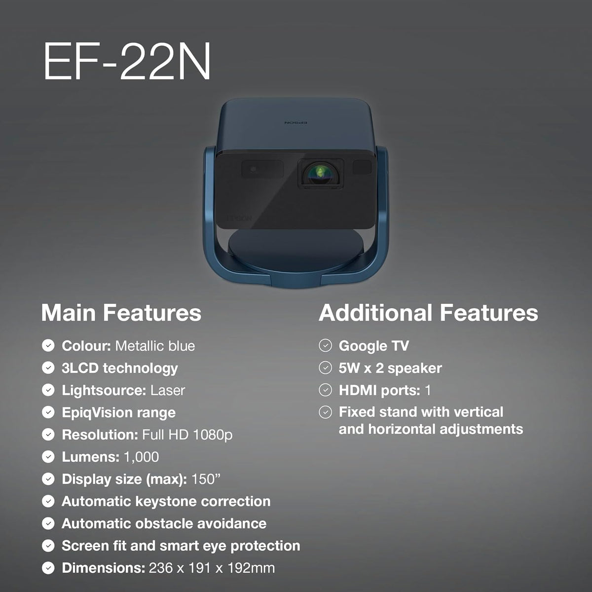 Epson EF-22 Mini Smart Laser Projector with Swivel stand, Full HD, 1000 Lumens, 150 Inch Display with HDR, Google TV, Dolby Atmos Sound, Gaming & Home Cinema – Navy Blue