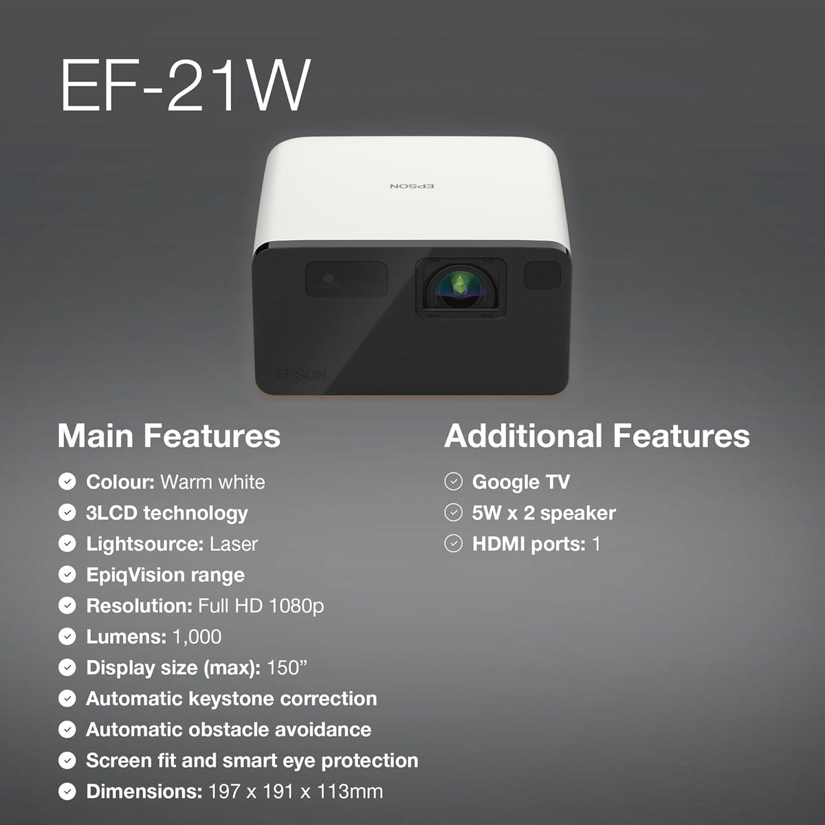 Epson EF-21 Mini Smart Laser Projector, Full HD, 1000 Lumens, 150 Inch Display with HDR, Google TV, Dolby Atmos Sound, Gaming & Home Cinema – Warm White