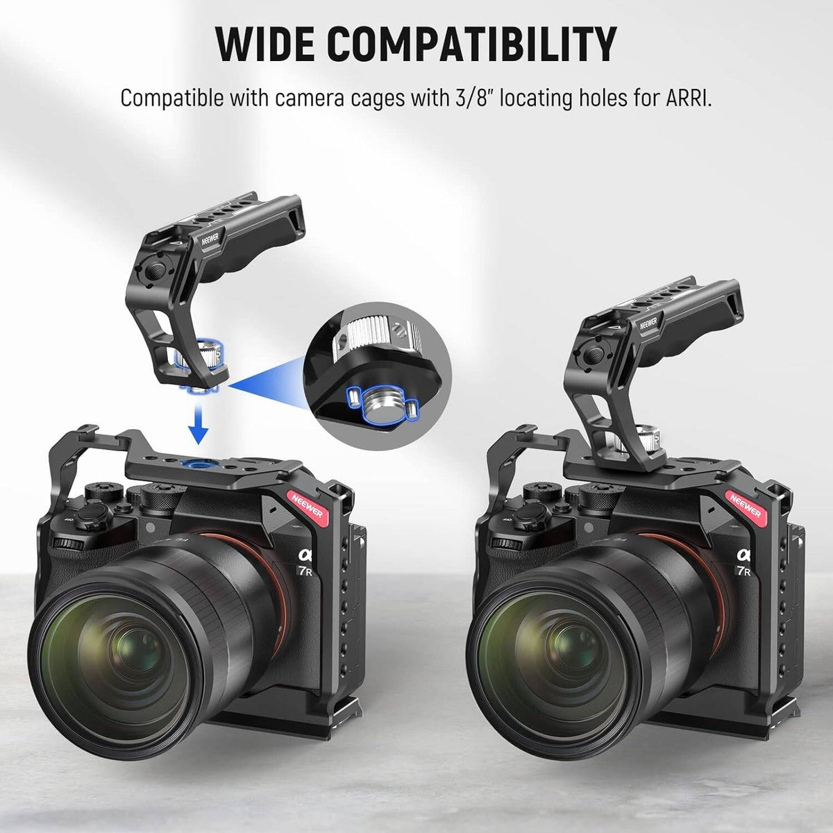 NEEWER Camera Top Handle CA007 with ARRI 3/8" Locating Pins Silicone Grip, 1/4" & 3/8" Mounting Threads, 3 Cold Shoe Mounts Compatible with Camera Cages, Video Rigs, SmallRig Handles
